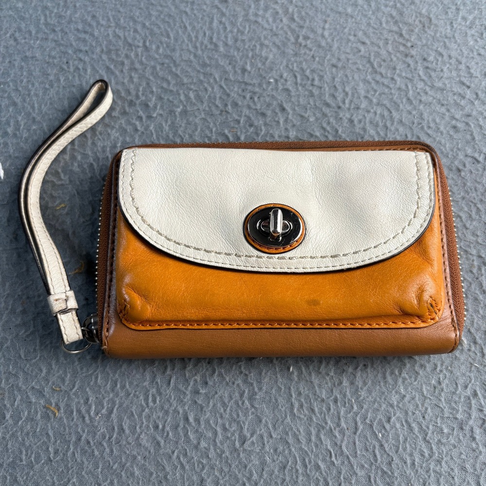 Coach Colorblock Leather Zip Around Wristlet Wallet Tan Yellow Cream Turnlock
